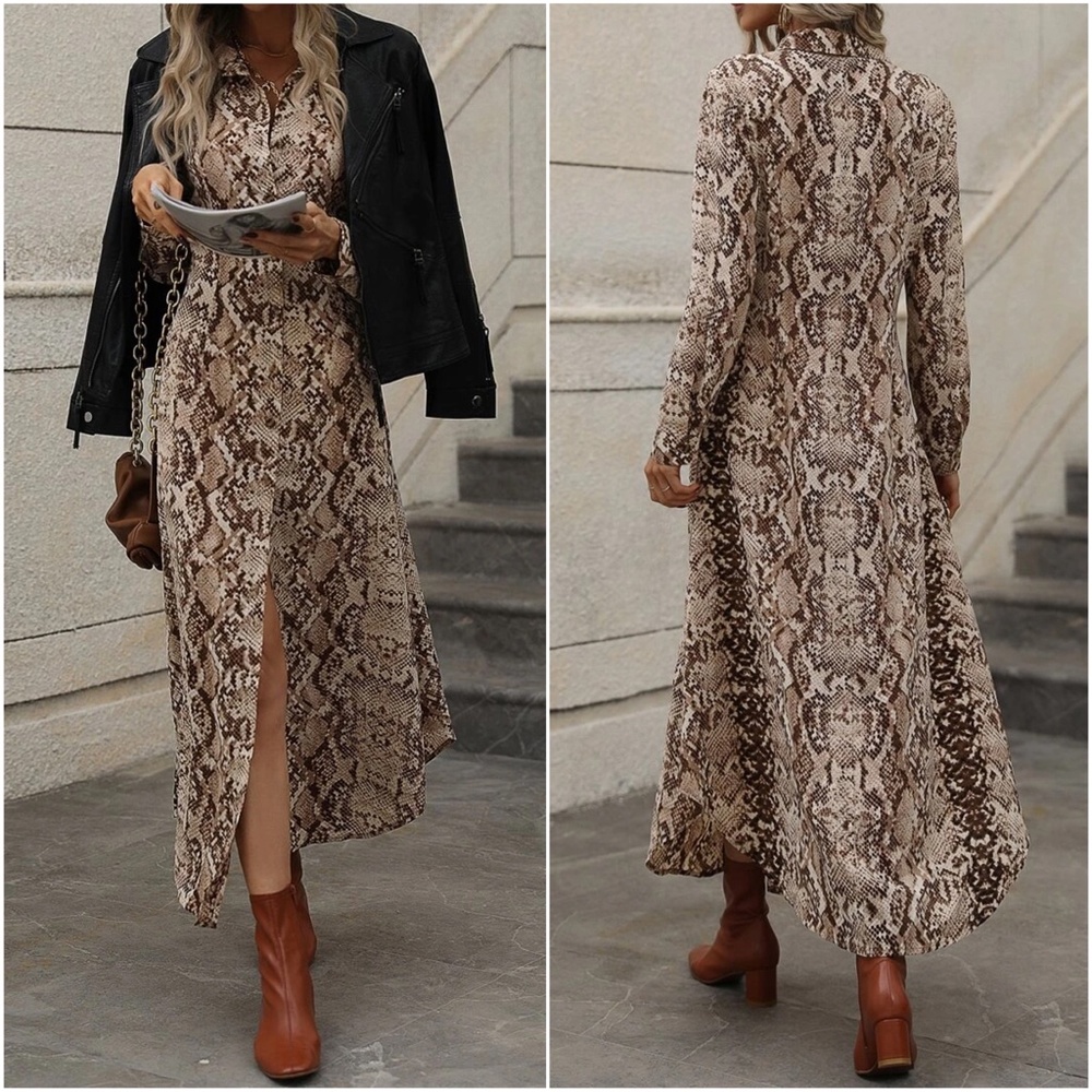Luxe Snakeskin Print Button up Long Sleeve Dress - Picture 3 of 6